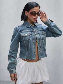 CasuGlow Casual Distressed Cropped Denim Jacket, - Medium Wash - View 3