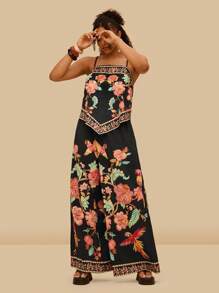 Travachic 大码女式热带夏季波西米亚图案印花背心和裤子两件套 - 黑色 - 查看 6