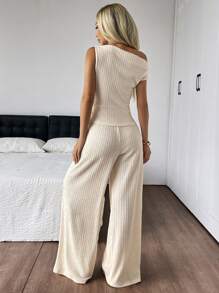 SHEIN EZwear 女士提花针织斜肩褶饰 T 恤和裤子套装 - 杏色 - 查看 2