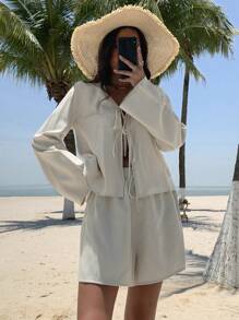 DAZY Summer New Loose Casual Vacation Style Women 2 Pieces Set Linen,Short Women Sets - Beige - View 5