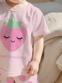 Baby Girls Fruit & Strawberry Pattern Pajamas Set, Loose Fit Suitable For Summer - Multicolor - View 3