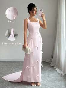 Chiquease Women's Elegant Square Neck Sleeveless Maxi Dress With Bow Decor - Pink - View 2