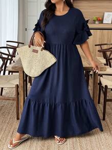 Weeklong Plus Size Women Plain Simple Short Sleeve Dress - Navy Blue - View 4