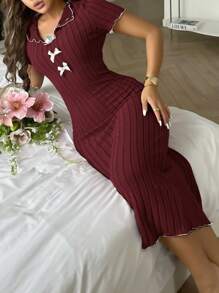 优雅蝴蝶结撞色长款针织连衣裙，女士家居服 - 酒紅色 - 查看 3