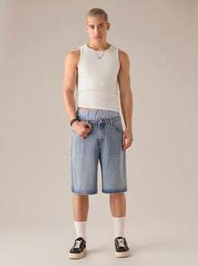 SWAVVY 男士休闲宽松梭织短裤，双腰带，直筒常规款 - 淺藍色 - 查看 3