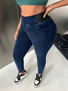 Slaydiva Plus Size High Waist Stretchy Black Skinny Fit Jeans Hollowed Costumes Christmas Women Clothes Thanksgiving Women Homecoming Winter Clothes Cowgirl Costume Fleece Jeans Fleece Leggings - Dark Wash - View 2