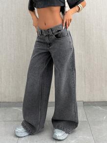 EURMUSE 高腰阔腿牛仔长裤 - 灰色 - 查看 7