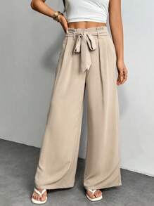 SHEIN PETITE Pantalones de lino con cordón en la cintura de unicolor, estilo "old money", para uso diario, playa y vacaciones. Pantalones de lino para mujer, ropa de mujer para otoño - Caqui - Ver 1
