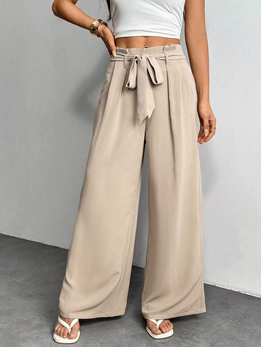 SHEIN PETITE Pantalones de lino con cordón en la cintura de unicolor, estilo "old money", para uso diario, playa y vacaciones. Pantalones de lino para mujer, ropa de mujer para otoño - Caqui - Ver 1