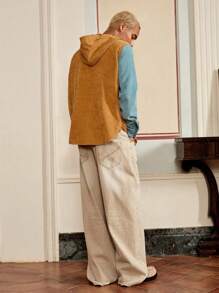 SWAVVY Camicia con cappuccio in velluto a coste ampio taglio, con inserti a blocchi di colore e tasche, per uomo (senza maglietta sottostante)