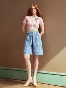 SHEIN EZwear Women's Casual Striped Chain Decorated Denim Shorts, Summer - Blue - View 7