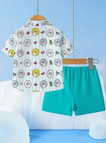 SEALOOK X SHEIN Bộ 2 món áo sơ mi sọc hoạt hình dễ thương cho bé trai và quần short in chữ, đi biển mùa hè - màu xanh lá - Xem 2