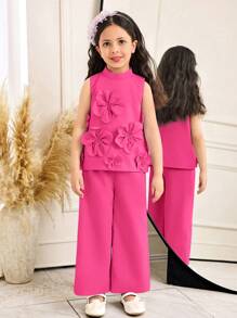 Set de 2 piezas compuesto por top con cuello de pie y pantalones con adornos florales elegantes para niña joven
