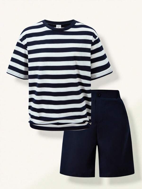 SHEIN 2pcs/Set Tween Boys Crew Neck Striped Short Sleeve T-Shirt Matched With Navy Shorts Outfit