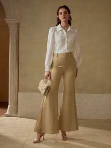 MOTF PREMIUM 女士优雅通勤蕾丝拼布喇叭腿休闲裤 - 卡其色 - 查看 6