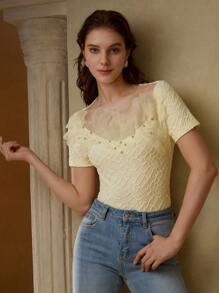 MOTF PREMIUM 女士优雅修身花卉贴花T恤 - 黃色 - 查看 7