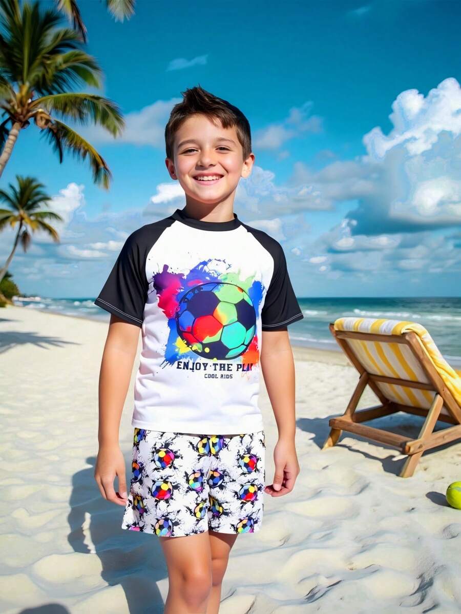 Tween Boy Football Print Short Sleeve Swimsuit Set - Multicolor - View 1