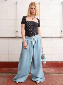 COUREZ 宽松筒状运动裤，缝线细节设计 / Y2K 夏季女装复古风下装 - 藍色 - 查看 2