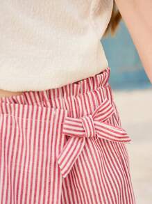 Girls Classic Red & White Striped Bow Decor Asymmetrical Hem Skirt Shorts, Simple Vacation Style, Suitable For Summer Daily Outings