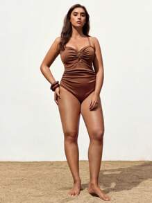 Maija 加大码纯色细肩带无袖连体泳衣，夏季海滩度假时尚夏季女士度假海滩休闲女士外出上衣波西米亚风办公室服装节日服装狂欢夏威夷女士加大码女士泳衣加大码加大码曲线泳装曲线单肩泳衣曲线泳衣加大码连体泳衣加大码泳衣， - 棕色 - 查看 5