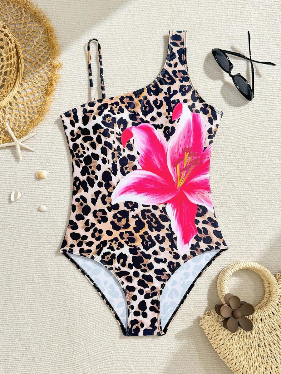 Traje de baño de una pieza para adolescentes, con estampado de leopardo y decoración de flores, elegante, de moda, casual, apto para nadar, vacaciones, verano - Multicolor - Ver 1