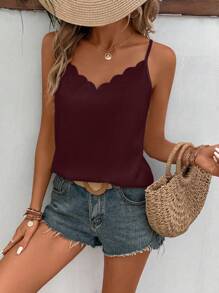 SHEIN Frenchy Women Solid Color Arc Hem Loose Casual Camisole Brown Summer - Coffee Brown - View 5