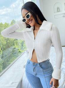 Muchica Fuzzy Trim Borg Collar Textured Jacket - White - View 3