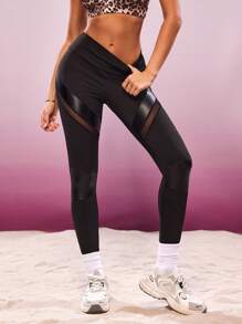 SHEIN Sports Women's Patchwork Mesh & Faux Leather Skinny Leggings - Black - View 5