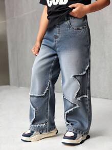 Young Boy Distressed Street Style Star Patchwork Loose Fit Blue Denim Jeans For Kids Clothes Boys Costume Dailywear Streetwear Outfits And Kids Four Seasons Clothes Back To School Clothes - Light Wash - View 6