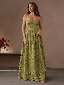 SHEIN Unity Vestito elegante e sexy con bandeau in pizzo traforato e motivo a lisca di pesce - Verde - Visualizzare 5