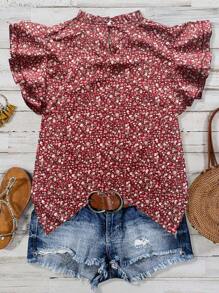 SHEIN LUNE 女式休闲黑色碎花立领双层荷叶边袖短袖衬衫，春夏 - 酒紅色 - 查看 2