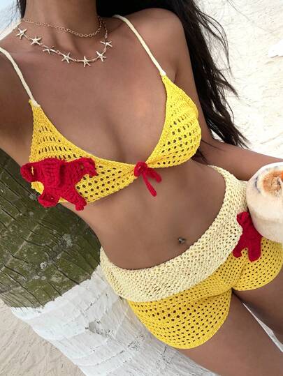 Sunnyshic 2件套度假海滩花卉镂空吊带背心和针织短裤