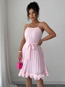 SHEIN Elenzya Sleeveless Square Collar Strap Waisted A-Line Pleated Ruffled Hem Elegant Romantic Women Dress - Pink - View 4