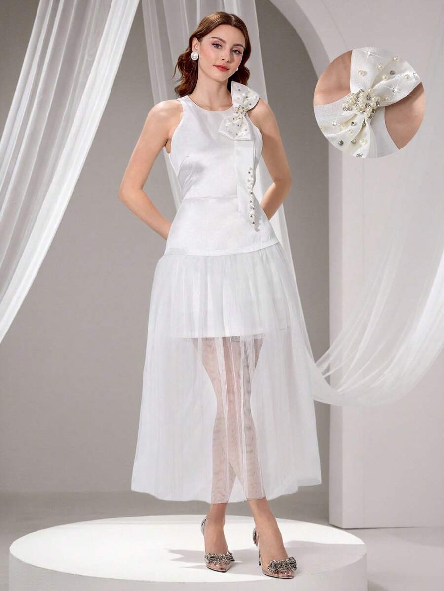 Poshira Vestido de noche de alta gama con decoración de lazo, diseño de vestido de fiesta con patchwork, vestido elegante y lujoso para dama aristocrática, vestidos de noche lujosos para mujer, vestido suave blanco de graduación