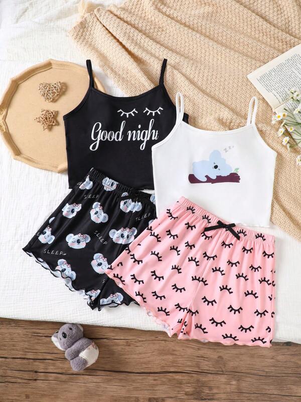 SHEIN Conjunto de pijama de malha com 4 peças para meninas pré-adolescentes/adolescentes, camisola e shorts com estampa de desenho animado fofo, verão