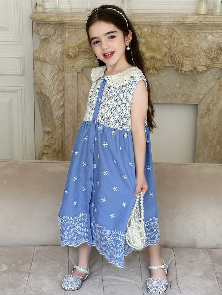 Young Girls Ruffled Collar Sleeveless Dress With Heavy Embroidery,Girls Summer Outfits