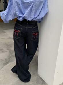 DAZY 女式后口袋刺绣蝴蝶结宽松休闲牛仔裤 Y2K 秋冬款