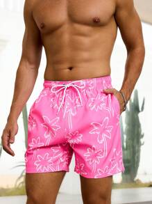 Manfinity VDAYZ Men's Floral Print Pocket Drawstring Waist Beach Shorts, Suitable For Summer, Hawaiian Beach Wear Men Beach Shorts