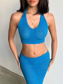 Aloruh 2 Stück/Set Damen einfarbiges Crop Top mit Hohlmuster und gestrickter Rock Outfit - Blau - Übersicht 6