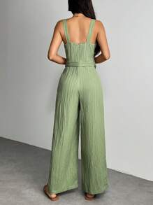 SHEIN PETITE Bộ đồ liền thân ống rộng buộc eo màu trơn dành cho nữ, Trang phục mùa hè, Kỳ nghỉ, Xanh lá cây xô thơm, Bộ đồ liền thân có cổ bẻ và thắt eo. Quần ống rộng - màu xanh lá - Xem 2