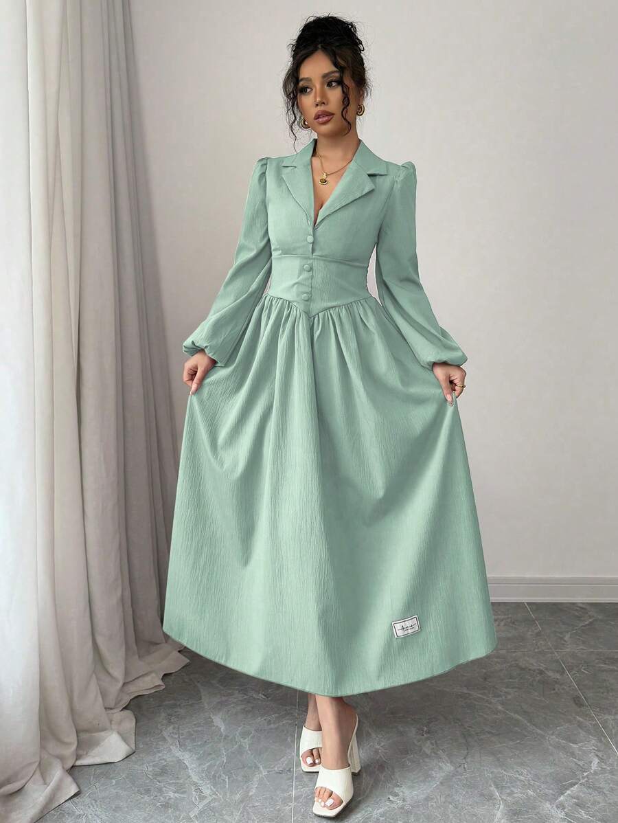 Modelyn Vestido elegante de manga larga con botones frontales de unicolor para mujer - Verde - Ver 1