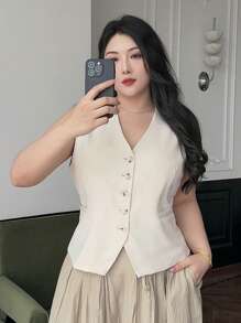 Dazy Plus Solid Color V-Neck Sleeveless Fitted Cropped Vest Jacket - Apricot - View 1