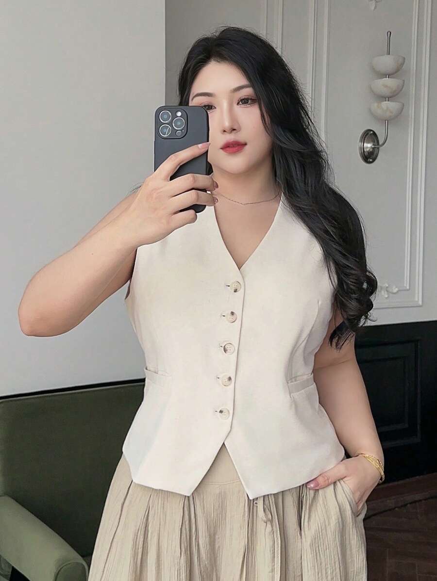 Dazy Plus Solid Color V-Neck Sleeveless Fitted Cropped Vest Jacket - Apricot - View 1