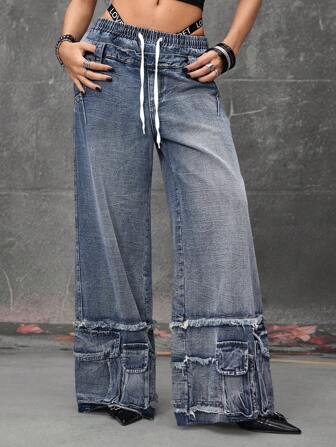 Grunge Punk Jeans de mujer con aspecto lavado y oversize de 2 en 1 con estilo retro punk, adecuados para conciertos y festivales