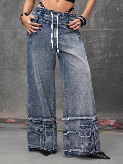 Grunge Punk Jeans femme 2 en 1 look surdimensionné, style punk rétro lavé éclair. Convient pour les concerts et les festivals
