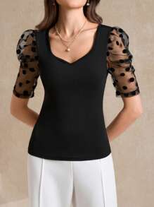 SHEIN Clasi Women'S Spliced Polka Dot Mesh Puff Sleeve Top