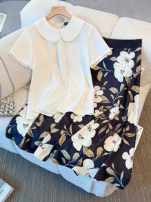 Franclia Women's Elegant Peter Pan Collar Short Sleeve Blouse And Printed A-Line Skirt 2Pcs Set