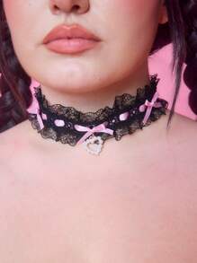 ROMWE Anime 1pc Cute Lace Ruffled Collar Necklace, Lolita Bow Heart Necklace, Contrast Color Unique Design Adjustable Neck Accessory