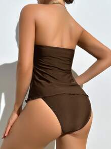 SHEIN Swim 女款優雅花卉飾邊平口式休閒坦基尼泳裝套裝，適合夏季海灘度假 - 棕色 - 查看 2