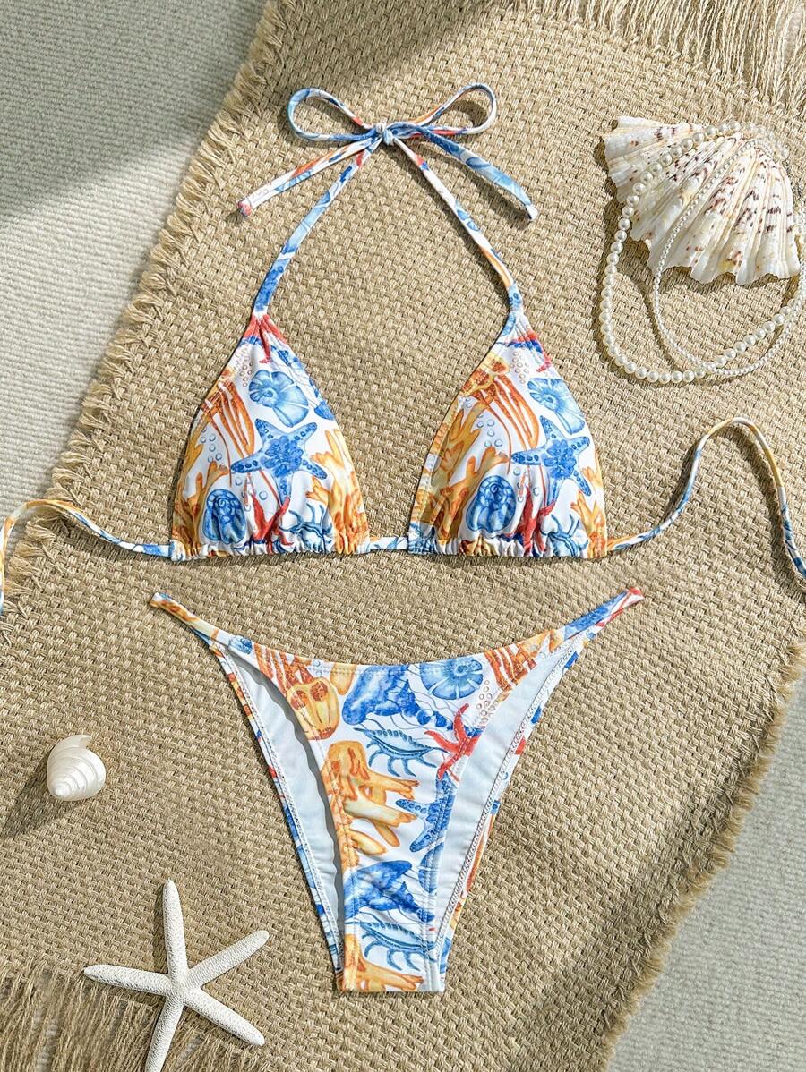 Swim Mod Swimsuits For Woman Summer Beach Floral Print Halter Triangle Bikini Set - Multicolor - View 1